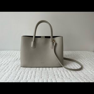 angela roi cher tote crossbody bag in gray vegan leather with brass hardware